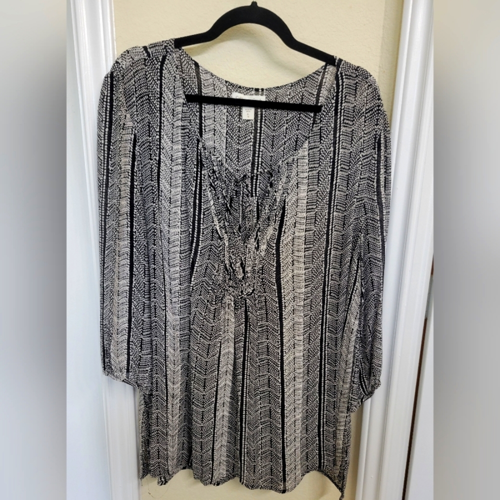 Coldwater Creek Black and Cream 3/4 Sleeve Pattern Sheer Blouse Size XL